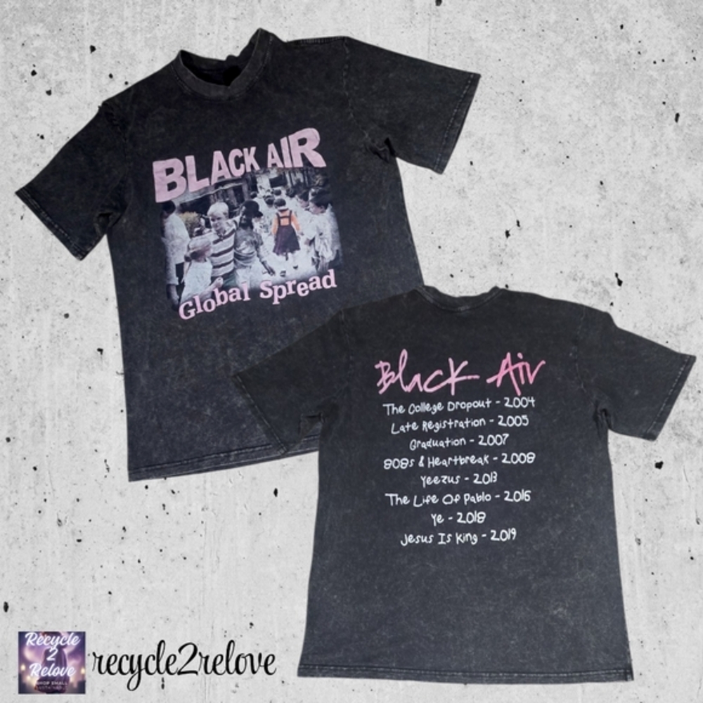 ARTIEMASTER Ye Black Air‎ Global Spread Rap Tee Black Acid Wash L